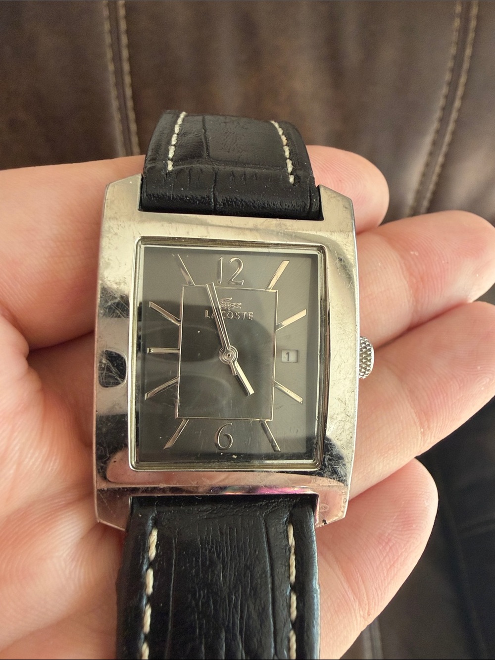 •LACOSTE• Rectangular Quartz Wristwatch + Black Leather Strap (working)